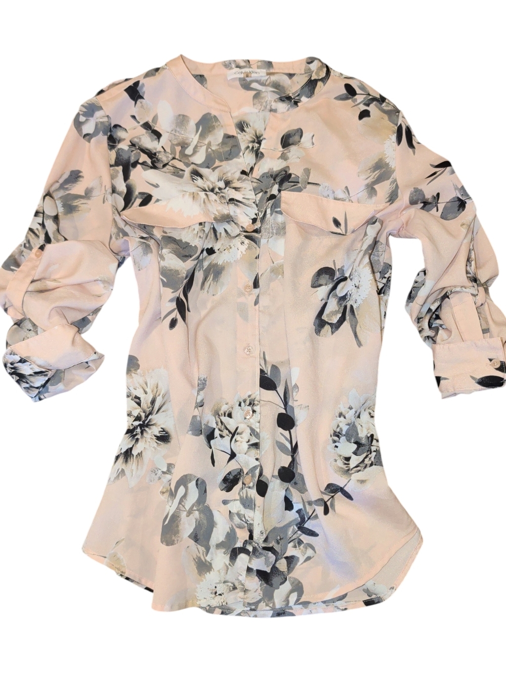 Calvin Klein Blush Pink & Black Floral Button-Up Blouse (#D1014)